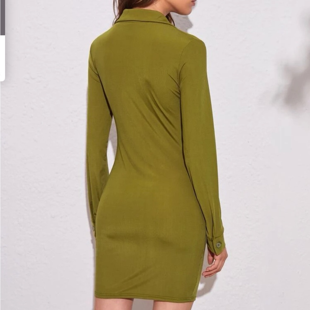 Olive Green Rouched Button Up Dress - Picture 5 of 7